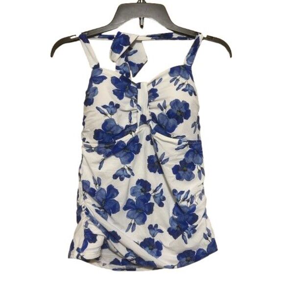 Lands End Blue White Floral Tankini Swimsuit Swim Top Womens Size 12 Padded Bra - Picture 1 of 6